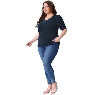 Plus Size Tops for Women Deep V Neck Short Sleeve Pullover Knitted Casual Blouses