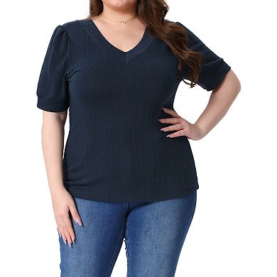 Plus Size Tops for Women Deep V Neck Short Sleeve Pullover Knitted Casual Blouses