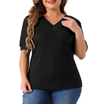 Plus Size Tops for Women Deep V Neck Short Sleeve Pullover Knitted Casual Blouses