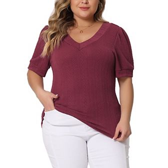 Plus Size Tops for Women Deep V Neck Short Sleeve Pullover Knitted Casual Blouses