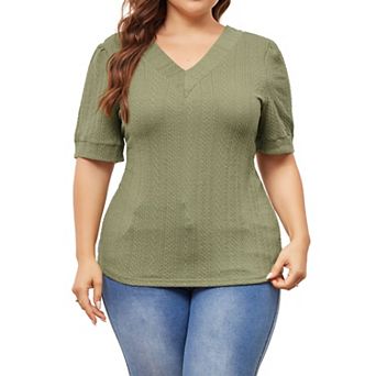 Plus Size Tops For Women Deep V Neck Short Sleeve Pullover Knitted Casual Blouses