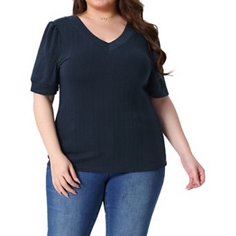 Plus Size Tops For Women Deep V Neck Short Sleeve Pullover Knitted Casual Blouses