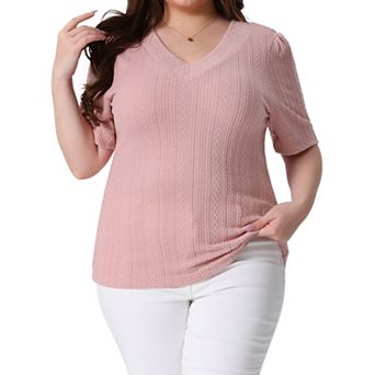 Plus Size Tops for Women Deep V Neck Short Sleeve Pullover Knitted Casual Blouses