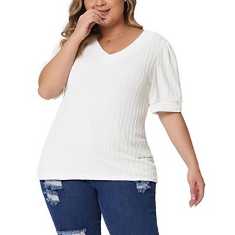 Plus Size Tops for Women Deep V Neck Short Sleeve Pullover Knitted Casual Blouses