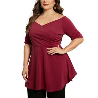 Plus Size Blouse For Women V Neck Faux Wrap Short Sleeve Peplum Top Blouses