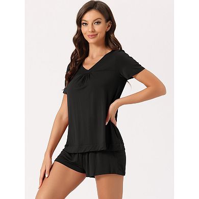 Women's Lounge Outfits Casual V-neck Shorts Sleeves Tops With Shorts Pajama Sets