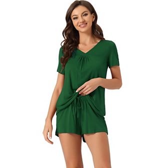Women's Lounge Outfits Casual V-neck Shorts Sleeves Tops With Shorts Pajama Sets