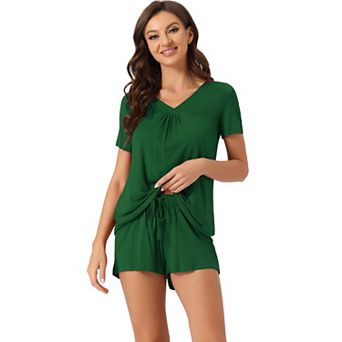Women's Lounge Outfits Casual V-neck Shorts Sleeves Tops With Shorts Pajama Sets