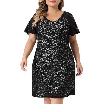 Women's Plus Size Wedding Guest Dress Elegant Floral Lace V Neck Short Sleeves Formal Bodycon Dresses - Agnes Orinda 1x Burgundy