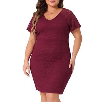 Plus Size Dress for Women Elegant V Neck Short Sleeves Cocktail Wedding Guest Lace Pencil Dress