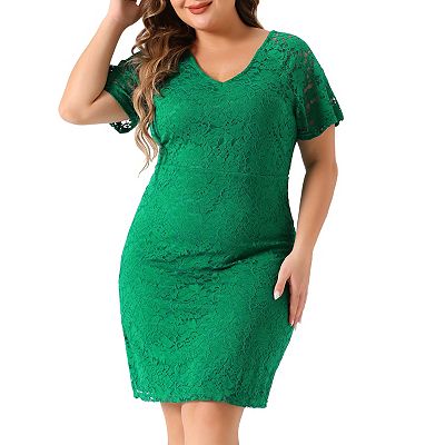 Plus Size Lace Wedding Guest Dress for Women Elegant V Neck Short Sleeves Cocktail Pencil Dress