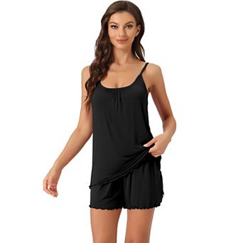 Women's Loungewear Solid Color Ruffle Trim Camisole Tops with Shorts Pajama Sets