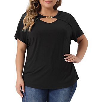 Plus Size Top For Women Basic Short Sleeve Metal Chain Crop Tops Cutout Front Bodycon T-shirts
