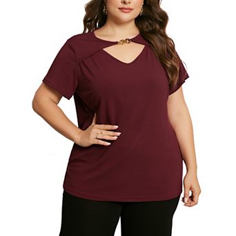 Plus Size Top For Women Basic Short Sleeve Metal Chain Crop Tops Cutout Front Bodycon T-shirts