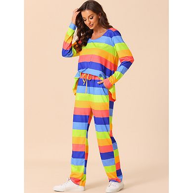 Women's Lounge Cotton Outfits Rainbow Long Sleeves With Pants Stripe Pajama Set