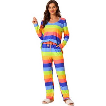 Women's Lounge Cotton Outfits Rainbow Long Sleeves With Pants Stripe Pajama Set