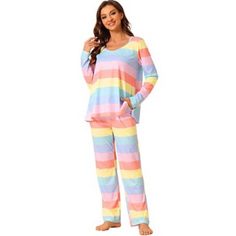 Women's Lounge Cotton Outfits Rainbow Long Sleeves With Pants Stripe Pajama Set