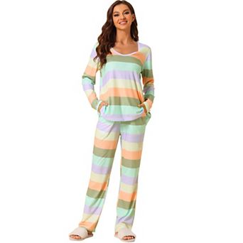 Women's Lounge Cotton Outfits Rainbow Long Sleeves With Pants Stripe Pajama Set