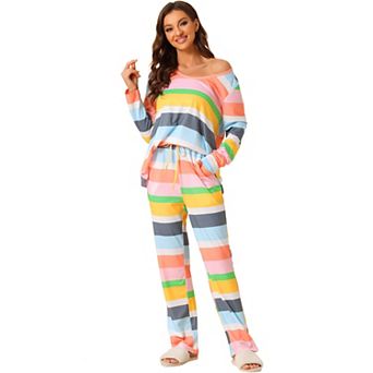 Women's Lounge Cotton Outfits Rainbow Long Sleeves With Pants Stripe Pajama Set