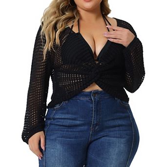 Plus Size Knitwear For Women V Neck Ruched Cross Front Hollow Out Long Sleeve Cover Up Top