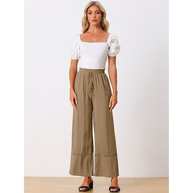 Women's Summer Wide Leg Crochet Hem Ruffle Elastic High Waist Boho Palazzo Pant With Pockets
