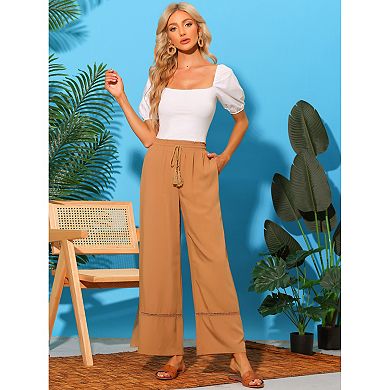 Women's Summer Wide Leg Crochet Hem Ruffle Elastic High Waist Boho Palazzo Pant With Pockets