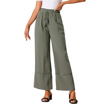 Women's Summer Wide Leg Crochet Hem Ruffle Elastic High Waist Boho Palazzo Pant with Pockets