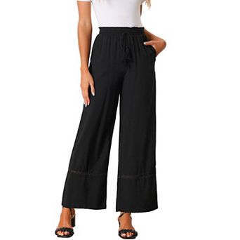 Women's Summer Wide Leg Crochet Hem Ruffle Elastic High Waist Boho Palazzo Pant with Pockets
