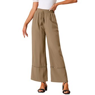 Women's Summer Wide Leg Crochet Hem Ruffle Elastic High Waist Boho Palazzo Pant with Pockets