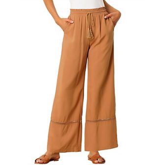Women's Summer Wide Leg Crochet Hem Ruffle Elastic High Waist Boho Palazzo Pant With Pockets