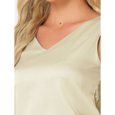 Women's Satin Silky Basic V Neck Tank Top Blouse