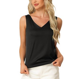 Women's Satin Silky Basic V Neck Tank Top Blouse