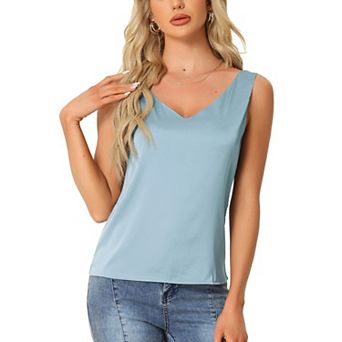 Women's Satin Silky Basic V Neck Tank Top Blouse