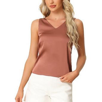 Women's Satin Silky Basic V Neck Tank Top Blouse