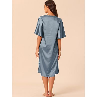 Women's Satin Nightdress Flare Bell Short Sleeve Sleep Dress Nightshirt Nightgown