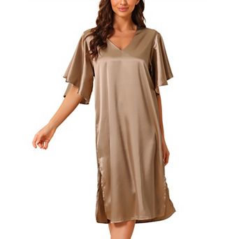 Women's Satin Nightdress Flare Bell Short Sleeve Sleep Dress Nightshirt Nightgown