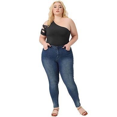 Plus Size Bodysuits For Women Sexy 2023 Summer One Shoulder Cutout Romper Bodysuit Tops Jumpsuit