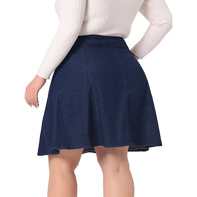 Plus Size Denim Skirt For Women Casual A-line Jean Buttons Decor Faux Pockets Mini Skirts