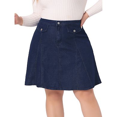 Plus Size Denim Skirt For Women Casual A-line Jean Buttons Decor Faux Pockets Mini Skirts