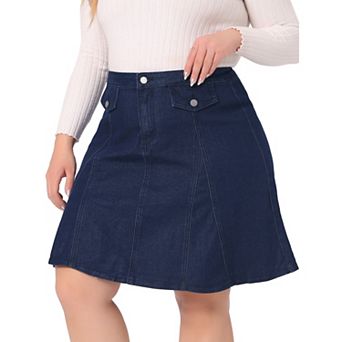 Plus Size Denim Skirt For Women Casual A-line Jean Buttons Decor Faux Pockets Mini Skirts