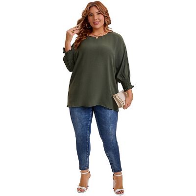 Plus Size Chiffon Tops For Women Batwing Ruffle Long Sleeve Casual