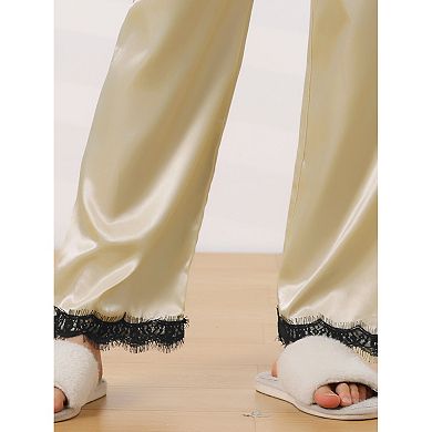 Women's Sleep Pants Satin Wide-leg Lace Trim Loungewear Pajama Elastic Long Pants