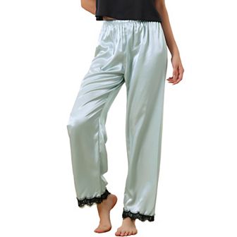 Women's Sleep Pants Satin Wide-leg Lace Trim Loungewear Pajama Elastic Long Pants