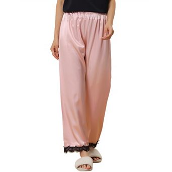 Women's Sleep Pants Satin Wide-leg Lace Trim Loungewear Pajama Elastic Long Pants