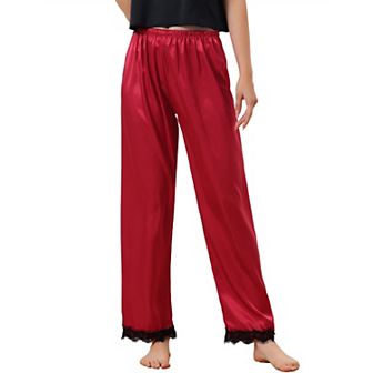 Women's Sleep Pants Satin Wide-leg Lace Trim Loungewear Pajama Elastic Long Pants