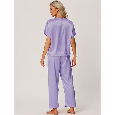 Women's Satin Pajamas Summer Outfits Short Sleeves Tops with Pants Silky Lounge Sets