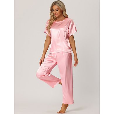Women's Satin Pajamas Summer Outfits Short Sleeves Tops With Pants Silky Lounge Sets
