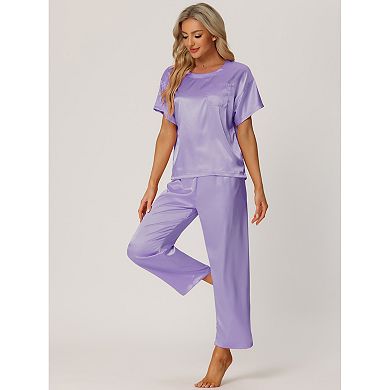 Women's Satin Pajamas Summer Outfits Short Sleeves Tops With Pants Silky Lounge Sets