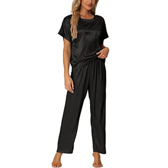 Women's Satin Pajamas Summer Outfits Short Sleeves Tops with Pants Silky Lounge Sets