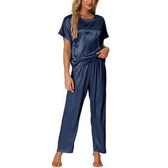 Women's Satin Pajamas Summer Outfits Short Sleeves Tops With Pants Silky Lounge Sets